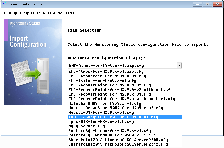 Selecting the IBM FlashSystem 900 pre-built configuration to import